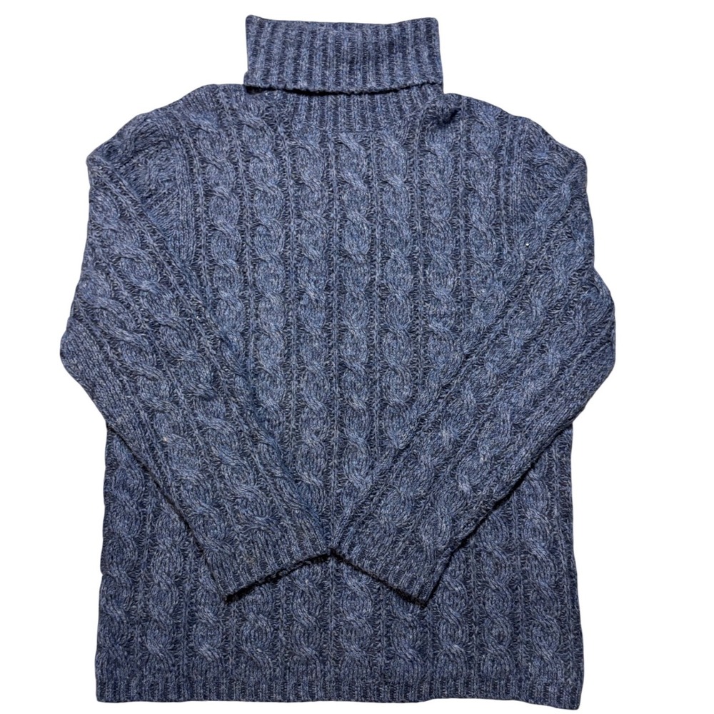 Eddie Bauer Blue Cable Knit Turtleneck Sweater Merino Wool‎ Blend Womens Medium